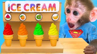 Monkey Baby Bon Bon doing shopping in Toy store and eats ice cream rainbow with puppy the pool [upl. by Burget]