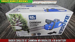 Badger Cordless 16” Chainsaw 40V Brushless 40 Ah Battery Automatic oiler 11lbs CSB40U [upl. by Eitnom213]