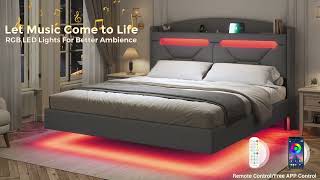 LED Floating Bed Frame With Charging Station Hidden Storage [upl. by Harrus963]