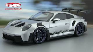 ckmodelcarsvideo Porsche 911 992 GT3 RS silver with blue wheels 2023 Minichamps [upl. by Ahaelam]