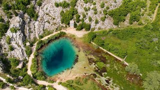 The eye of the Earth  River Cetina Spring and Church of Holy Salvation 9th century AERIAL [upl. by Mort869]