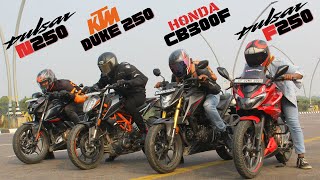 Honda CB300F vs Pulsar N250 vs KTM Duke 250 vs Pulsar F250 Performance Test [upl. by Alphonso369]