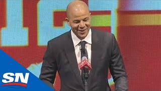 Jarome Iginla’s FULL Speech And Banner Raising At Flames Jersey Retirement Ceremony [upl. by Mailiw]