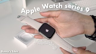 Unboxing Apple Watch series 9 starlight💫  Small wrist fit screen protector install aesthetic [upl. by Nonnarb]