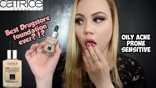 Catrice HD LIQUID COVERAGE FOUNDATION Oily Acne Prone Skin Review Swatch Demo 010 LIGHT BEIGE 2019 [upl. by Yllil104]