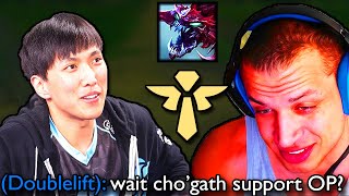 How Tyler1s Chogath Support is taking over NA SOLO QUEUE ft Doublelift Jhin ADC [upl. by Acimot314]