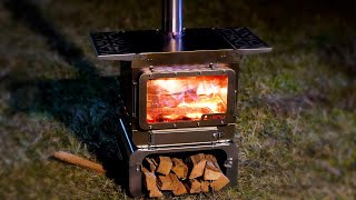 Camping Wood Stove Unboxing and First Burn  POMOLY Lumberjack Fastfold Titanium Tent Stove [upl. by Ardnassela]