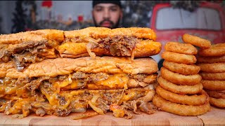 ASMR CHEESY PHILLY CHEESESTEAK SANDWICHES amp ONION RINGS MUKBANG [upl. by Eatnohs]