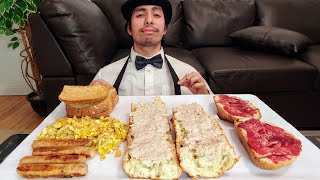 MASSIVE BREAKFAST MUKBANG EGGS SAUSAGE CRUNCHY PORK SPREAD BAGUETTE AND STRAWBERRY JAM [upl. by Rakso779]