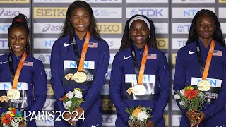 Team USA gets their golds after beating Jamaica once again in womens 4x100 at Worlds  NBC Sports [upl. by Bainbrudge]