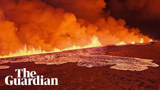 Aerial footage shows Iceland volcano spewing lava [upl. by Pillow]