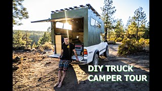 HOMEMADE TRUCK CAMPER TOUR  Tips for a Lightweight Build On A Budget [upl. by Nagiam46]