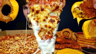 ASMR MUKBANG EXTRA CHEESY PIZZA CRISPY CHICKEN HASH BROWNS amp ONION RINGS  WITH RANCH  Magic Mikey [upl. by Eijneb]