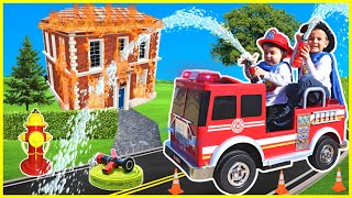 Firefighter rescue with power wheels fire truck and fireman training with kids firehouse fire engine [upl. by Fifine188]