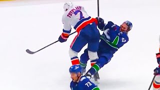 Maxim Tsyplakov Hit on Quinn Hughes  New York Islanders vs Vancouver Canucks 2024 NHL Highlights [upl. by Lilllie198]