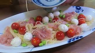 【COLD】Capellini with mozzarella cheese prosciutto and cherrytomatoes 🧀🍅🍝 capellini prosciutto [upl. by Nahk]