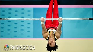 Japans Shinnosuke Oka rises on high bar for third gold medal of the Paris Olympics  NBC Sports [upl. by Nerol]