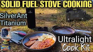 Solid Fuel Stove Cooking  Ultralight Titanium Cook Kit SilverAnt Titanium Plates with Trangia Grip [upl. by Maillij267]