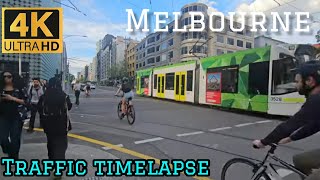 Busy Swanston St Melbourne City Traffic 4K Timelapse Walking Tour  Trams Cars Cyclists Pedestrians [upl. by Belva]