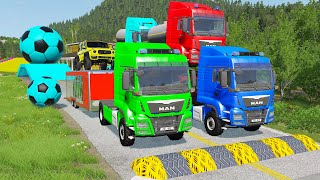 Double Flatbed Trailer Truck vs Speedbumps Train vs Cars  Tractor vs Train BeamngDrive 058 [upl. by Nnylf315]