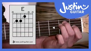 E Chord  Easy Third Guitar Chord  Beginner Guitar Lessons Stage 1  JustinGuitar BC113 [upl. by Hibben]