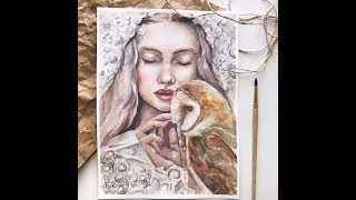 Watercolor Speedpaint  Girl amp Owl by Kira Balan [upl. by Cassidy872]