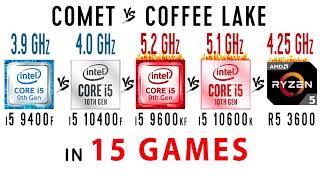 Intel core i5 9400f vs i5 10400f vs i5 9600k OC vs i5 10600k OC vs Ryzen 5 3600 OC Test in 15 Games [upl. by Lerim]