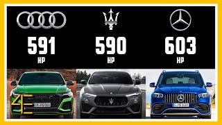 Car Spec Comparison Audi RS Q8 vs Maserati Levante Trofeo vs MercedesAMG GLE 63 S  4enthusiasts [upl. by Rizan539]