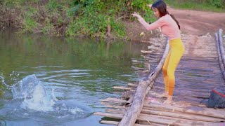 Amazing Fishing Beautiful Girl Fishing Big Fish with Hook  Fishing Video [upl. by Enileoj]