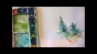 How to Paint Lively Pine Trees in Watercolor [upl. by Nennahs]