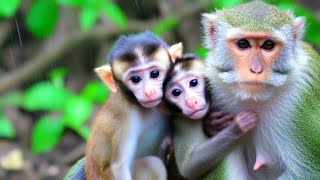 Poor Baby Monkey Shelter with Mom Under Rain Drop [upl. by Kam963]