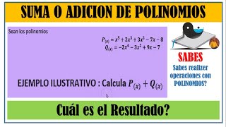 SUMA DE POLINOMIOS O ADICION DE POLINOMIOS matematicasconrogerguillen [upl. by Zedecrem]