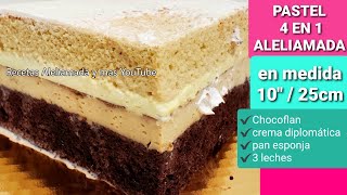 como hacer pastel 4 en 1 con chocoflan y relleno crema diplomatica con pan esponja  aleliamada [upl. by Arhat]