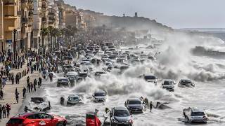 Storm tsunami Spain floods Mallorca waves hit Balearic Formentera underwater [upl. by Trust]