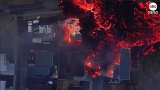 Drone footage shows lava setting houses on fire in Iceland [upl. by Ammann]