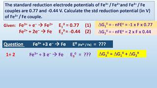 The std reduction potentials of Fe3Fe2 amp Fe2Fe 077 amp 044 V Find in V of Fe3  Fe couple [upl. by Tabbi]