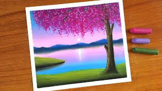 Oil Pastel Spring Scenery Painting for beginners  Oil Pastel Drawing Cherry Blossom [upl. by Eilyak]