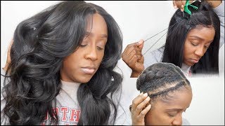 HOW TO SEW DOWN A LACE CLOSURE WIG FLAT  BRAID PATTERN  NO LEAVE OUT GLUE GEL  HJWEAVEBEAUTY [upl. by Mailand857]