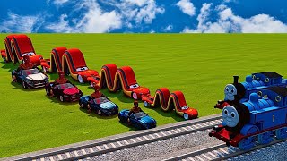 Big amp Small Red Lomg Lightning McQueen VS Big amp Small Spaiderman BMW vs Trains BeamNG Drive [upl. by Laen]