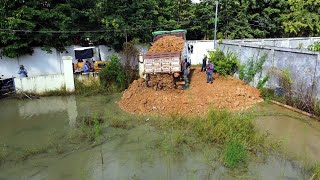 Perfect New Project Bulldozer Pulling Dump Truck fall From the Field amp Pushing Soil Filling Church [upl. by Ecirp365]