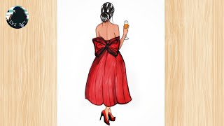 How to draw a girl backside in beautiful red dress  Easy drawing of a girl Drawing for beginners [upl. by Bergess]