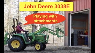 John Deere 3038e  Playing with attachments [upl. by Vikky]