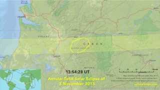 Animated map of the annulartotal solar eclipse of 3 November 2013 [upl. by Ellehsyt]