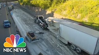 Watch Alfredo Sauce Covers Tennessee Highway After TractorTrailer Crash [upl. by Etteragram]