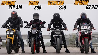 2024 Duke 390 vs Apache RTR 310 vs Apache RR 310 vs Husqvarna Vitpilen 250 Drag Race [upl. by Iny389]