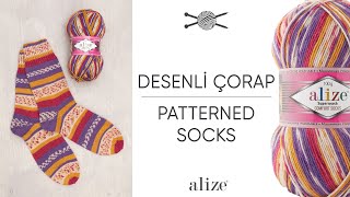 Alize Superwash ile Desenli Çorap Örüyoruz • Patterned Socks • Носки с узором [upl. by Mullac]