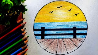 10Rs colour pencil drawing very easy sunrise drawing with pencil colourartdrawingpencildrawing [upl. by Ariam]