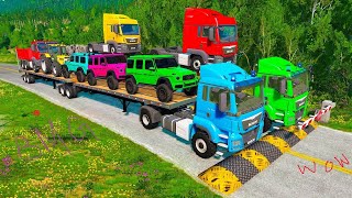 Double Flatbed Trailer Truck vs Speedbumps Train vs Cars Tractor vs Train BeamngDrive68 [upl. by Daphna]