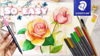 HOW TO USE WATERCOLOR BRUSH PENS beginner watercolor brush pens tutorial  STAEDTLER BRUSH PEN [upl. by Aloysius]