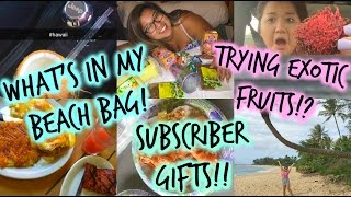 WHAT’S IN MY BEACH BAG TRYING EXOTIC FRUIT  SUBSCRIBER GIFTS [upl. by Sucramel324]